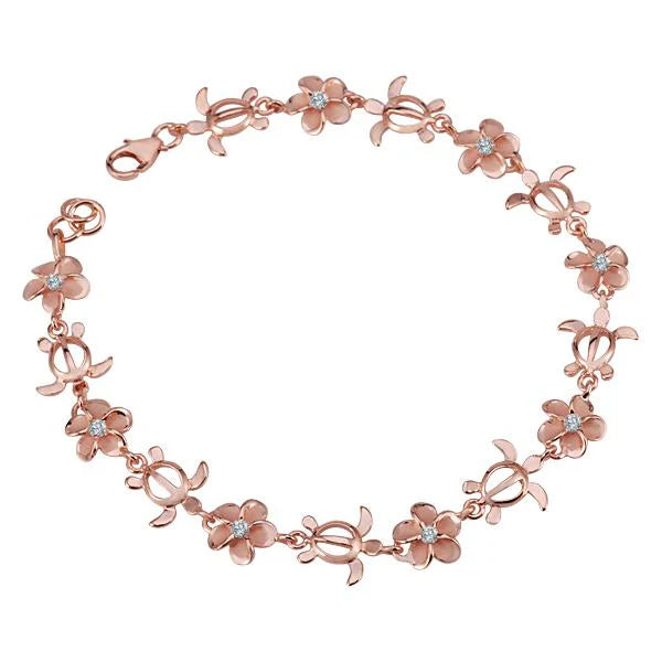 Hawaiian 925 Sterling Silver plumeria CZ Honu-Dolphin bracelet with 8mm beads, featuring dolphin and honu charms, plated.