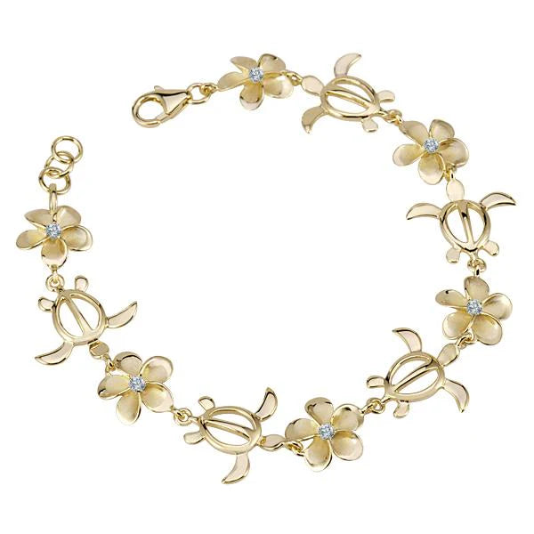 Hawaiian 925 Sterling Silver plumeria CZ Honu YG plated bracelet with 12mm beads, featuring tropical turtle design.