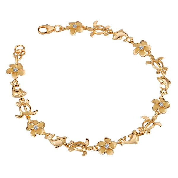 Hawaiian 925 Sterling Silver plumeria CZ Honu dolphin bracelet with yellow gold plating, featuring 8mm beads and intricate.