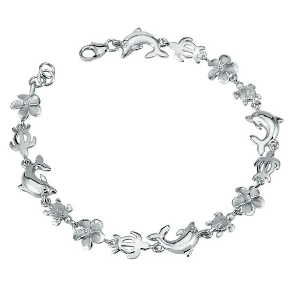 Hawaiian 925 Sterling Silver dolphin Honu Plumeria CZ bracelet with 8mm beads, featuring intricate dolphin and floral.