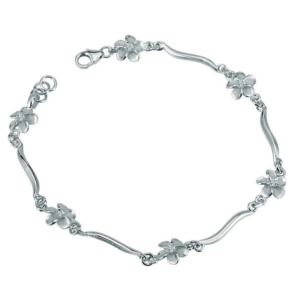 Hawaiian 925 Sterling Silver plumeria Flower Wave bracelet with detailed floral design, featuring elegant wave pattern.