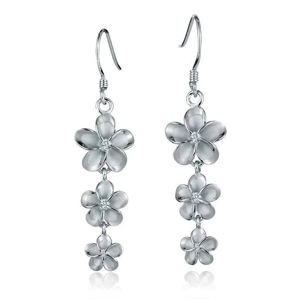 Hawaiian 925 Sterling Silver rhodium-plated CZ hook earring in 12-10-8mm with sparkling cubic zirconia.