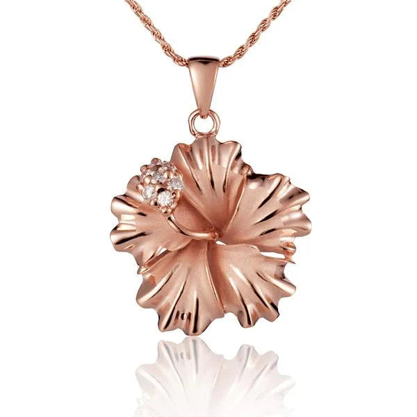 Hawaiian 925 Sterling Silver hibiscus CZ PG pendant, 25mm, featuring a vibrant flower design with sparkling cubic zirconia.