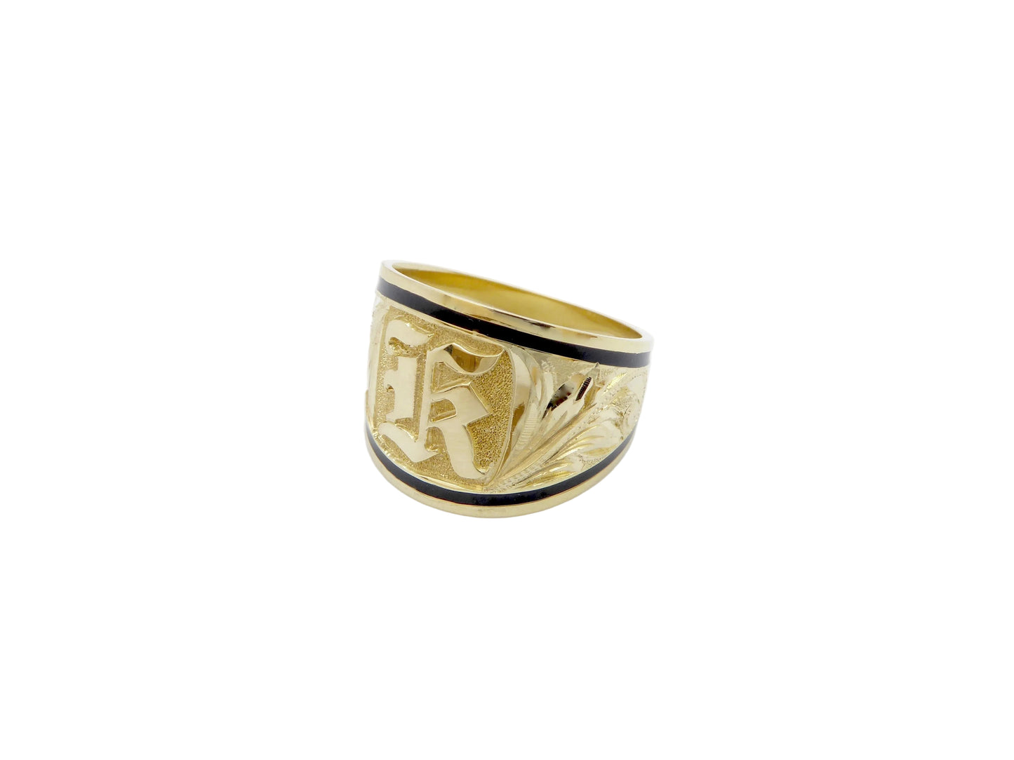 Hawaiian 14K Gold tapered ring with raised initial engraving, 15mm width, featuring a sleek design and polished finish.