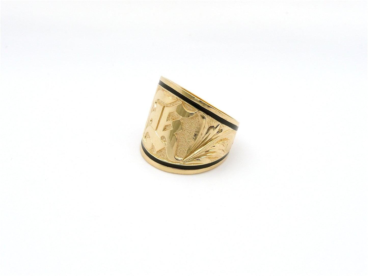 Hawaiian 14K Gold tapered ring with raised initial engraving, 18mm wide.