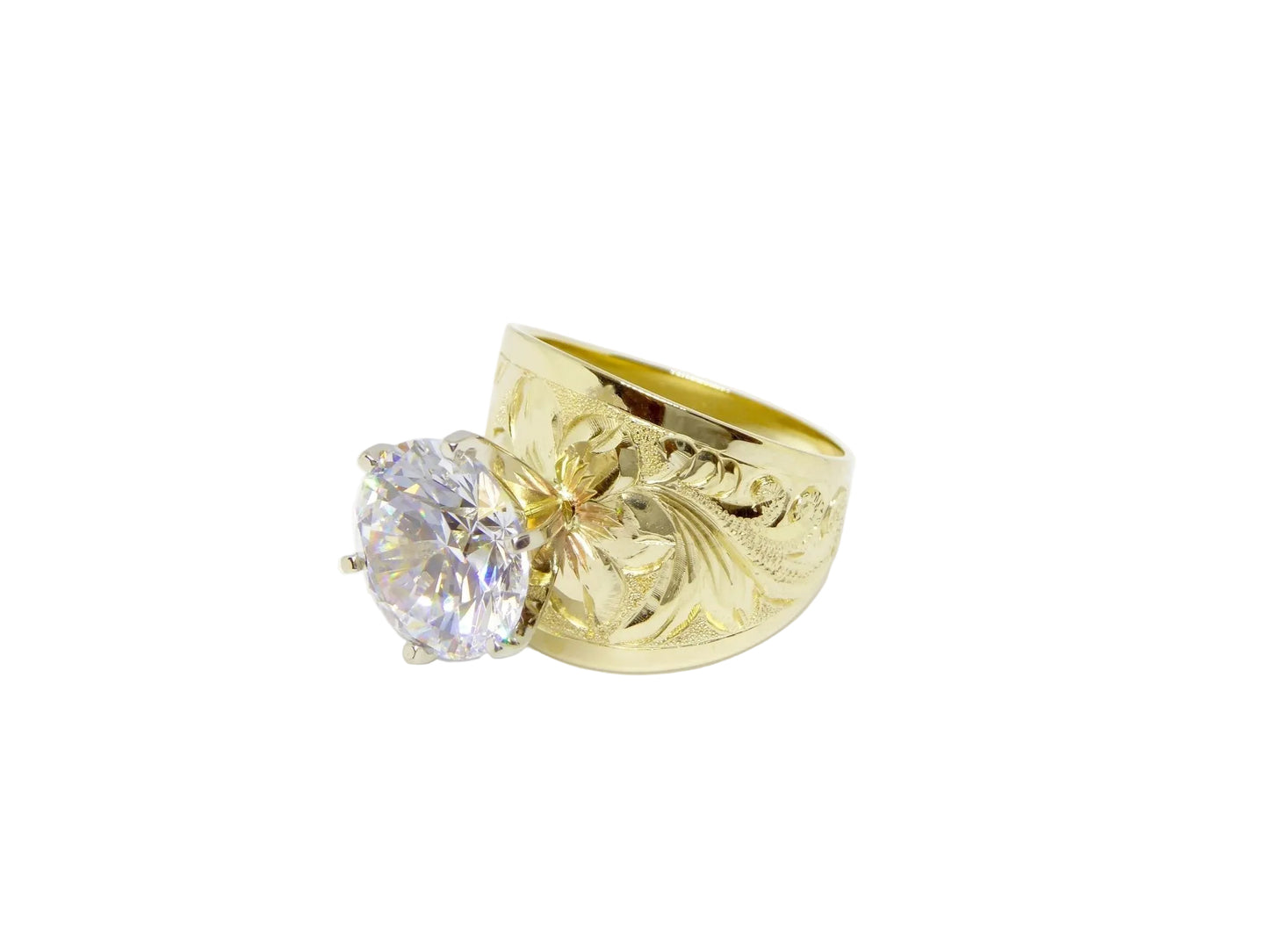 Hawaiian 14K Gold tapered ring with a 5-carat cubic zirconia stone, 18mm width, elegant jewelry.