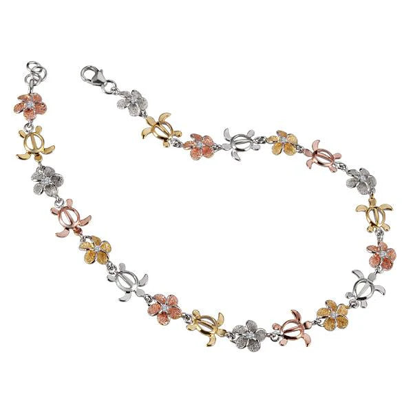 Hawaiian 925 Sterling Silver tricolor Honu Plumeria CZ anklet with 8mm beads, featuring tropical turtle and flower designs.