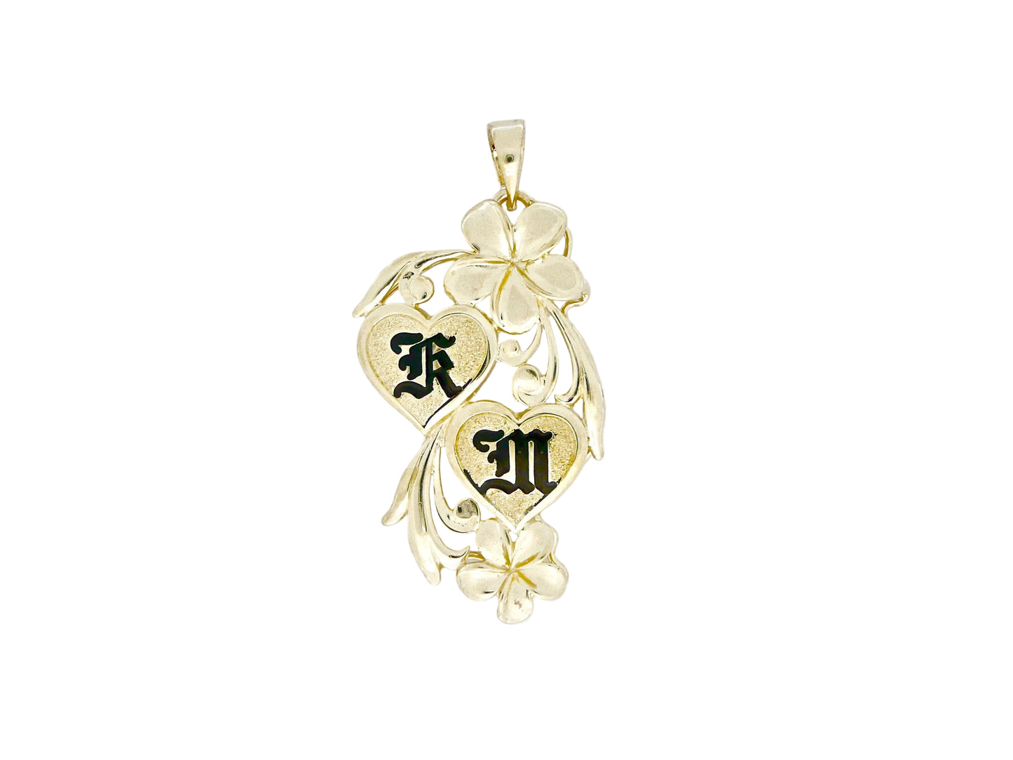 14K Plumeria Pend. w/dbl. Heart initial — Hawaiian jewelry from Ashley's Gift Shop