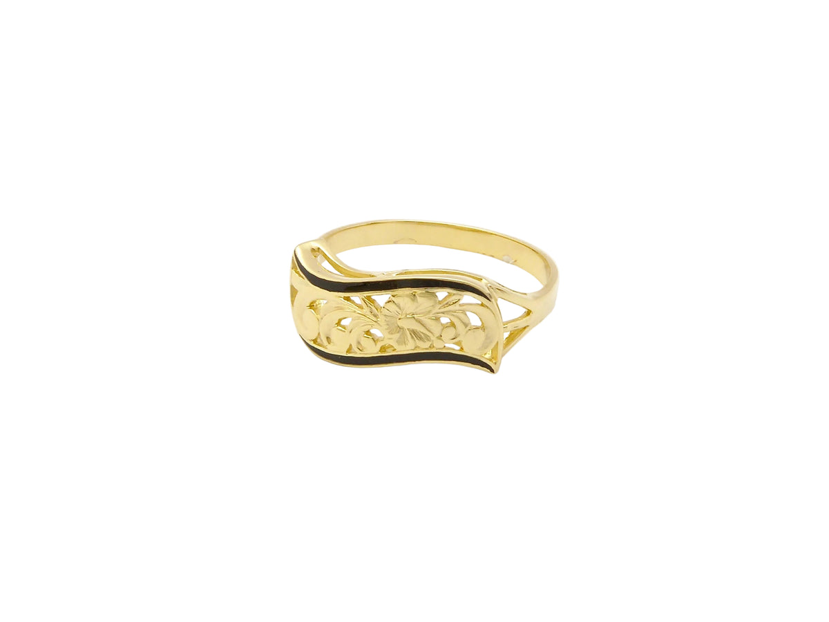 Hawaiian 14K Gold napua C/O ring, 6mm width, adjustable to size 8, elegant jewelry design.
