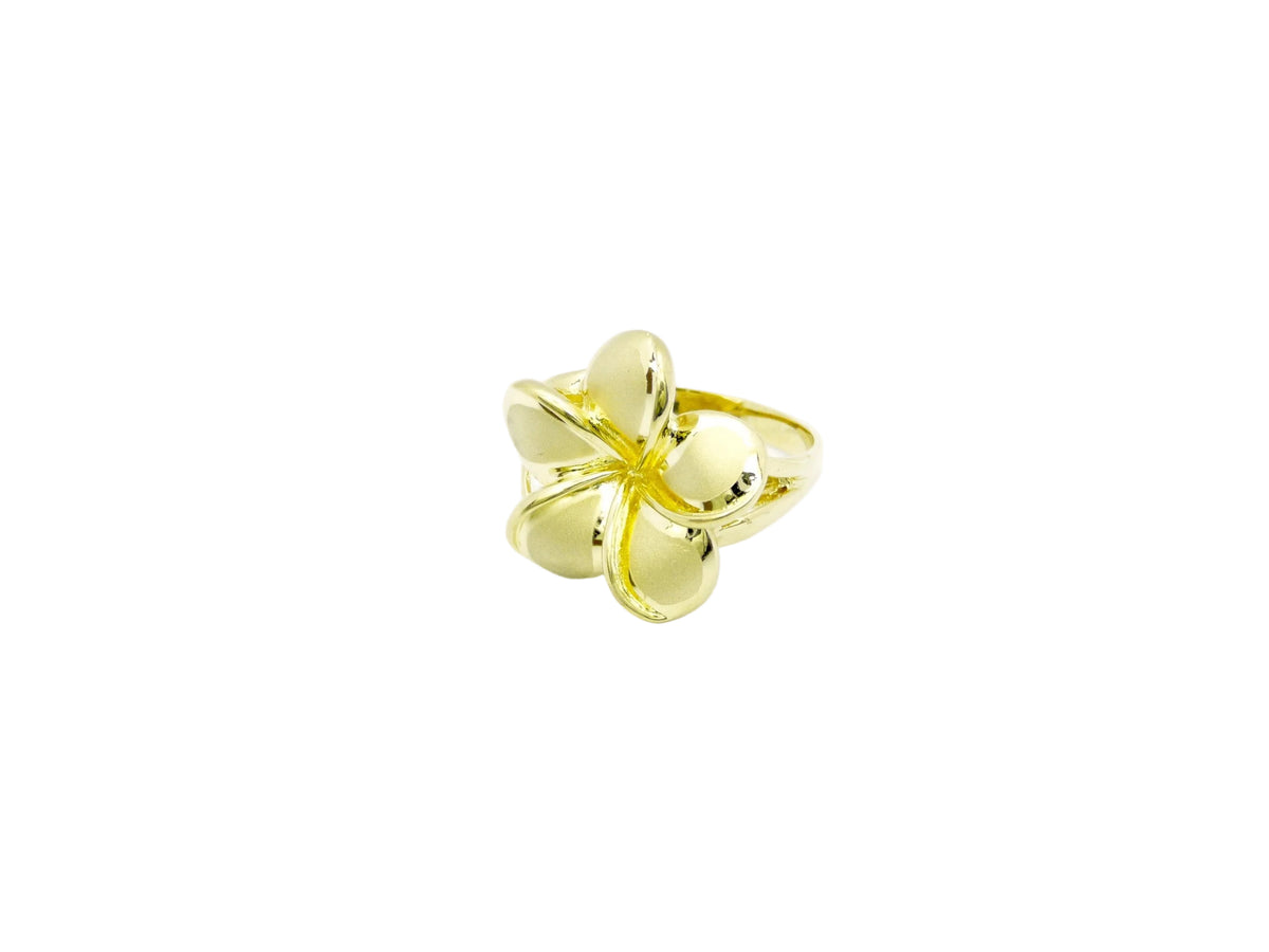 Hawaiian 14K Gold plumeria ring in size 6 to 8 with detailed floral design.