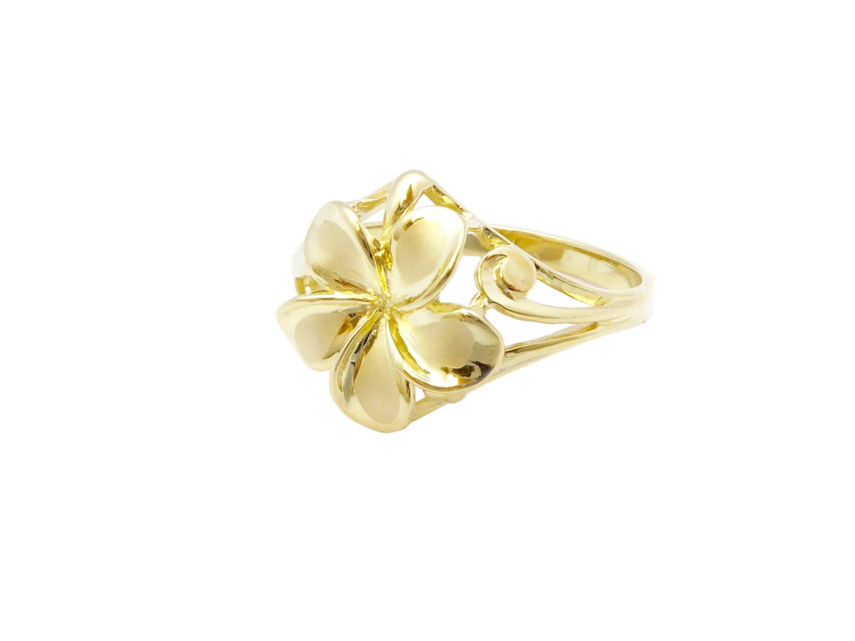 Hawaiian 14K Gold plumeria Basket Ring featuring detailed floral design.