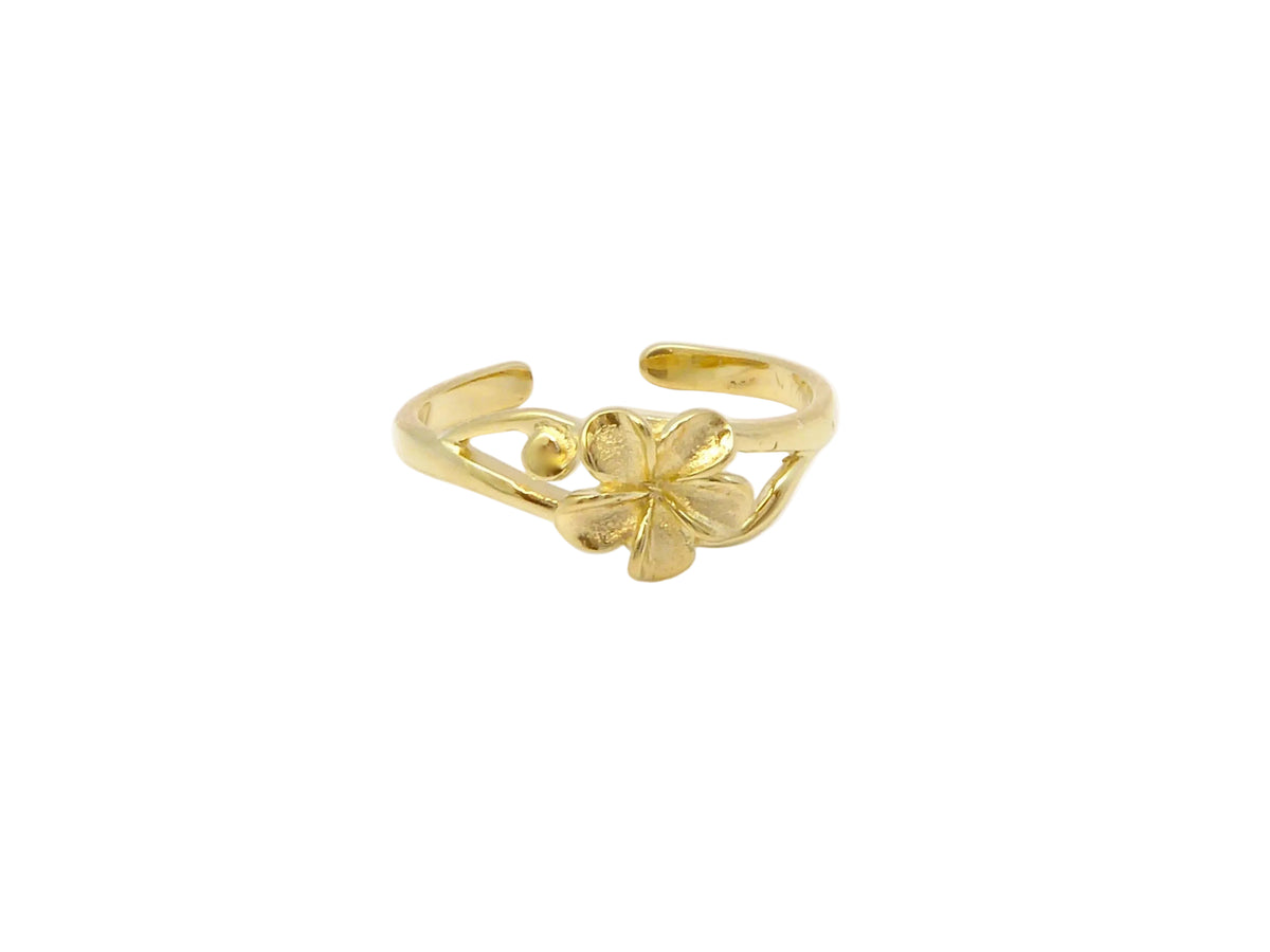 Hawaiian 14K Gold plumeria toe ring featuring a delicate floral design.
