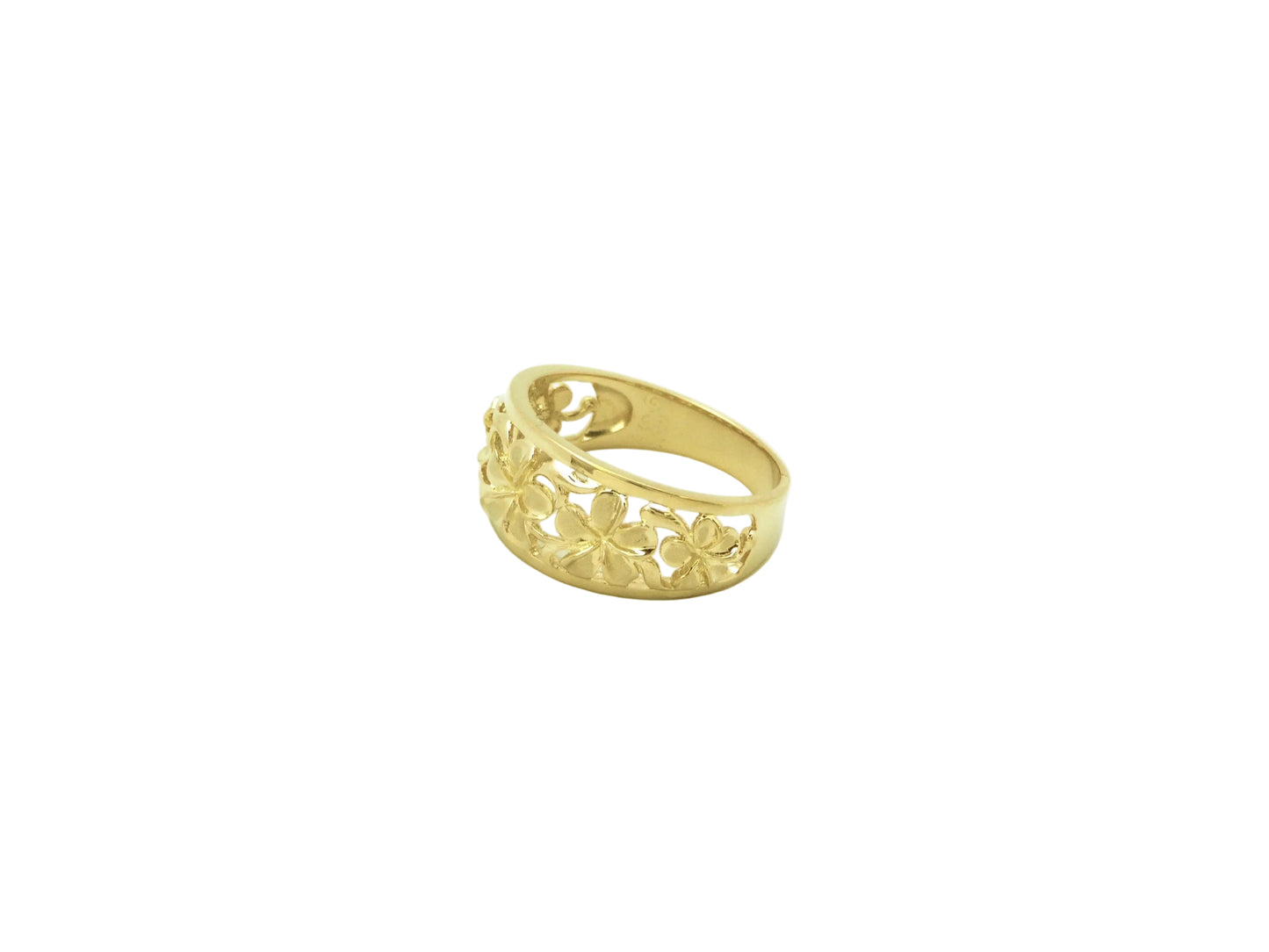 Hawaiian 14K Gold flower ring with five detailed flower designs.