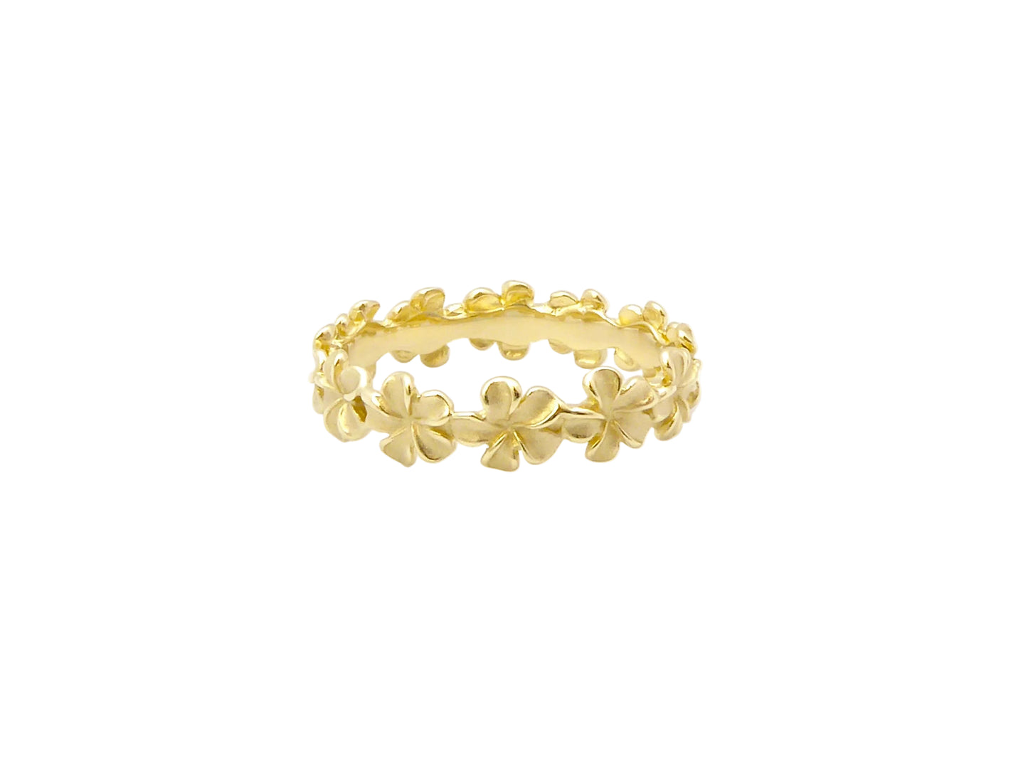 Hawaiian 14K Gold plumeria eternity ring in size 8 with 5mm band, featuring intricate floral design and shiny polished.