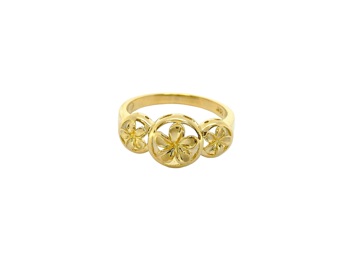 Hawaiian 14K Gold plumeria ring with triple circle design, featuring delicate floral details, styled on a finger.