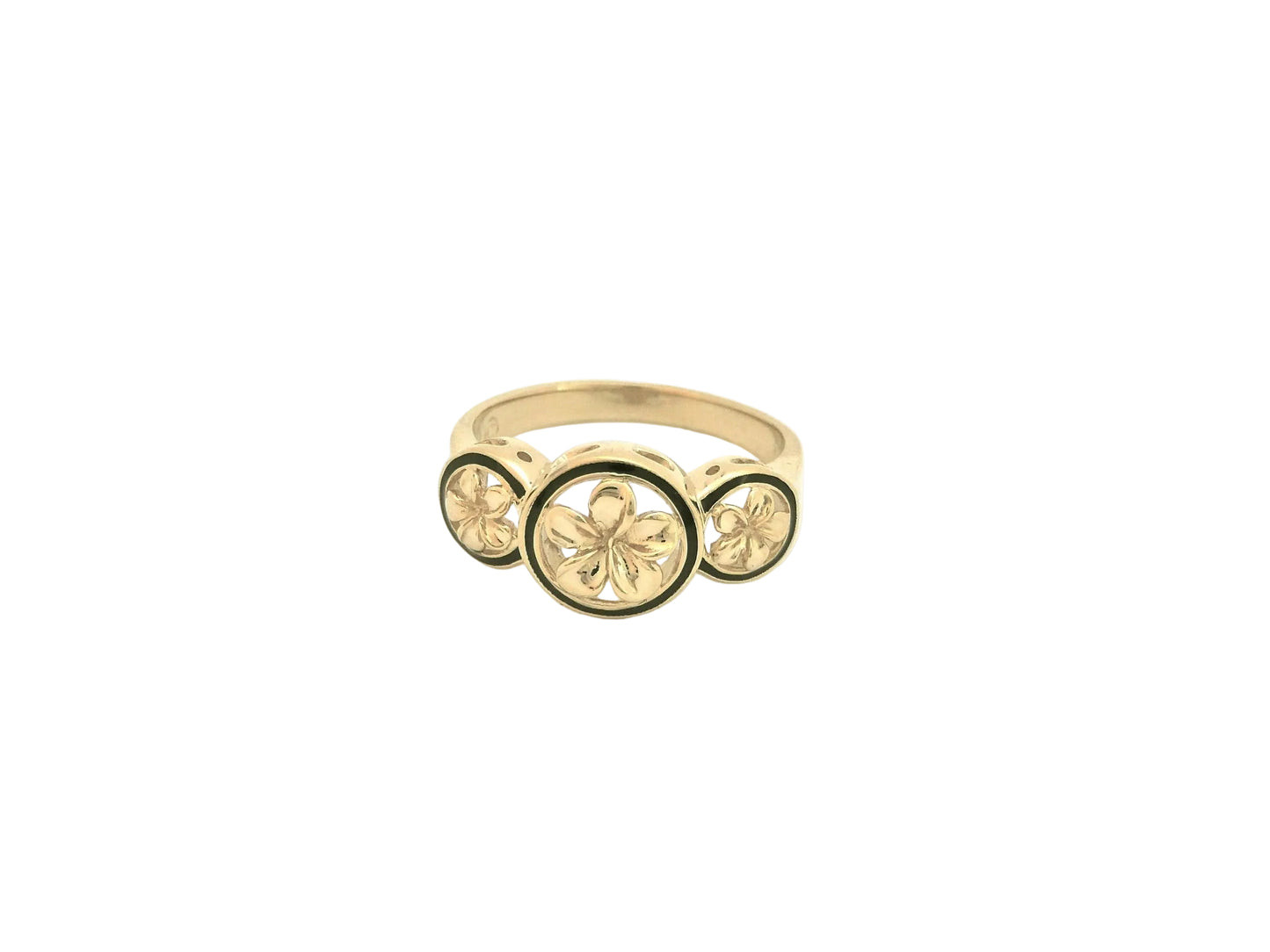 Hawaiian 14K Gold triple circle Plumeria ring with intricate design.