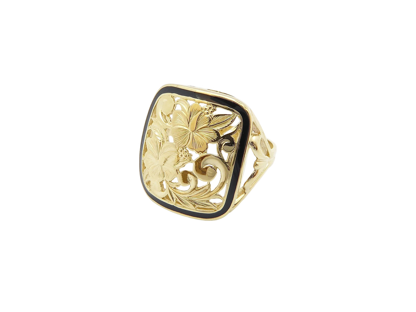 Hawaiian 14K Gold puanani ring, featuring intricate design, size 8, styled for elegant wear.