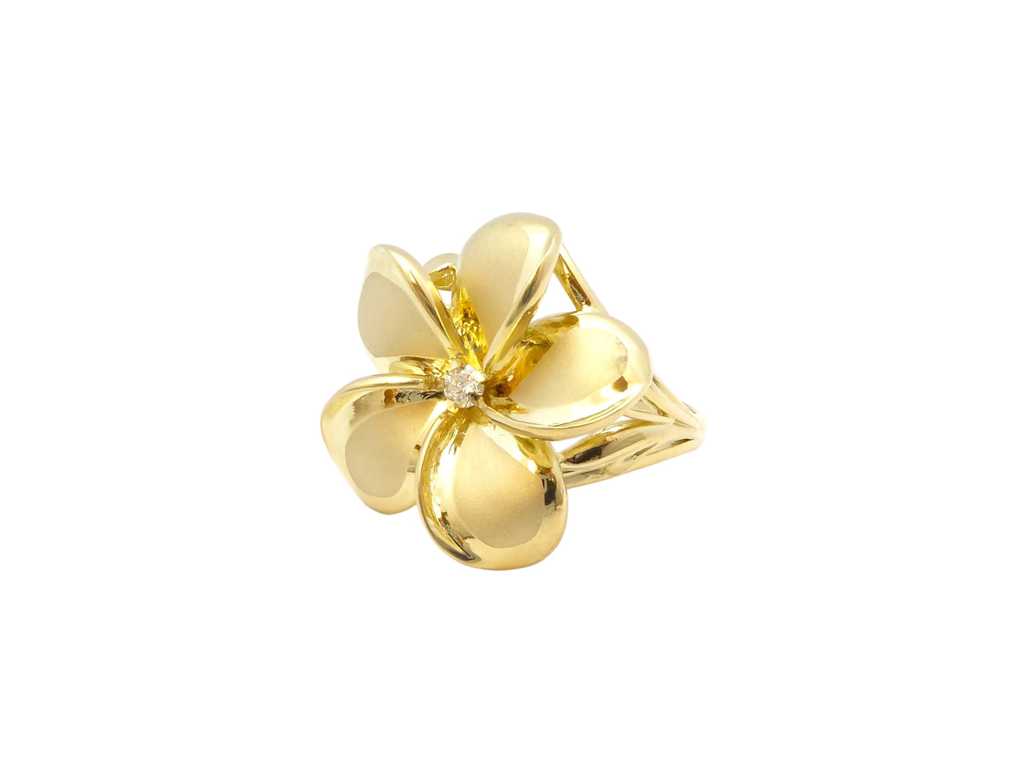 Hawaiian 14K Gold plumeria ring in size 7, adjustable to size 8, featuring detailed floral design.