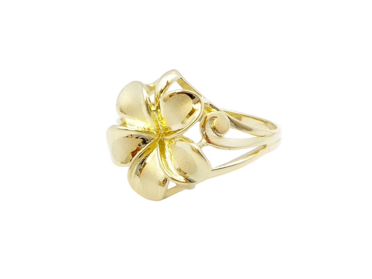 Hawaiian 14K Gold plumeria Basket ring with floral design, featuring a #4 size.