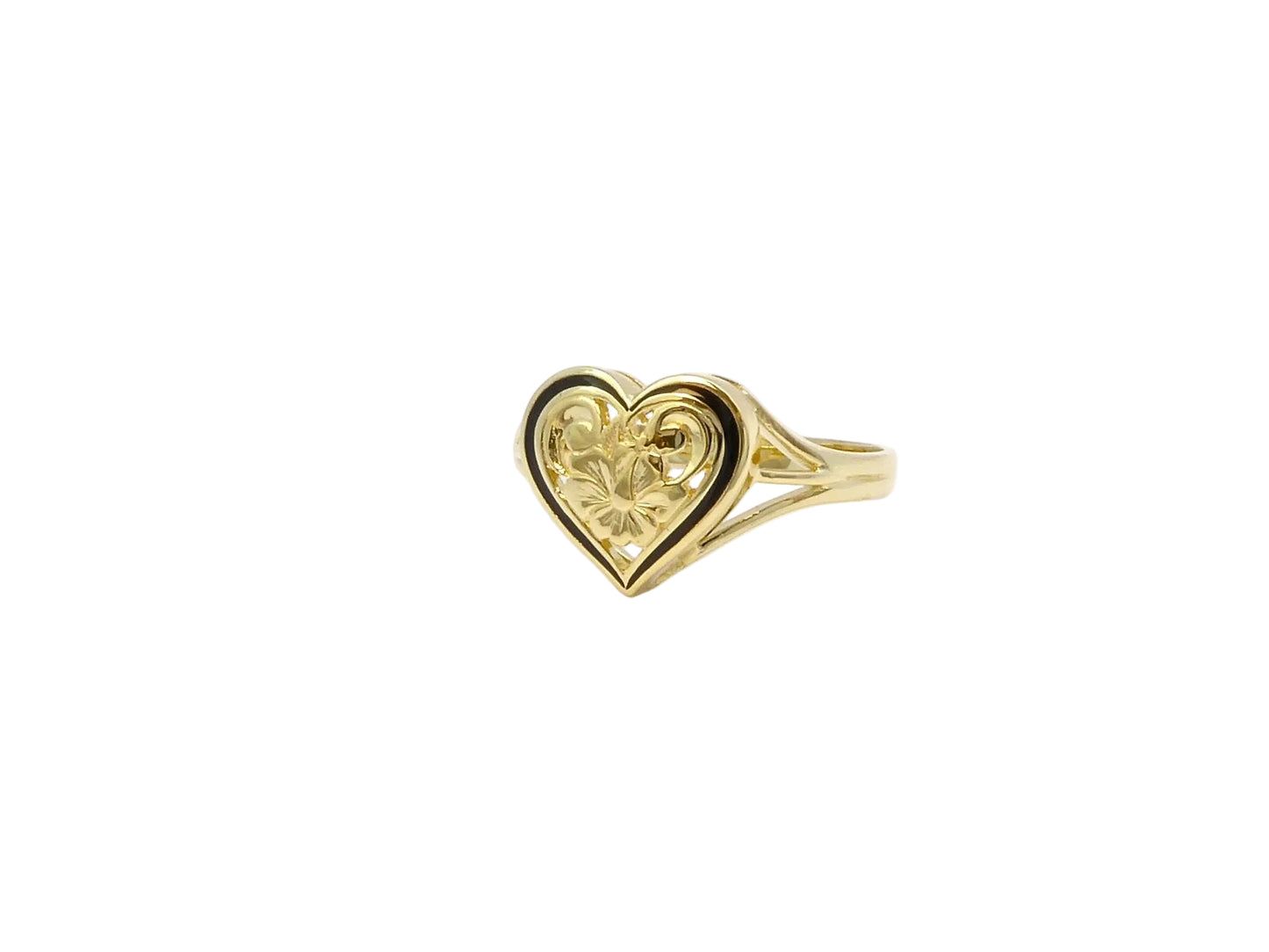 Hawaiian 14K Gold cut-out heart-shaped ring with 1 bezel-set black bead, size 7, featuring a delicate open heart design.