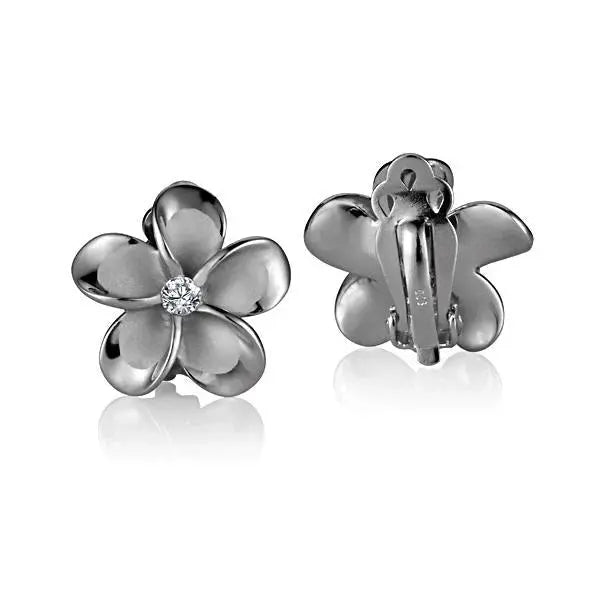 Sterling silver Plumeria CL CZ rhodium clip earring, 18mm, with detailed floral design and sparkling cubic zirconia accents.