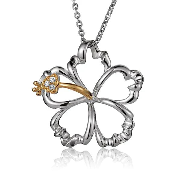 Outline Hibiscus CZ YG 2T pendant in 925 sterling silver, 25mm floral jewelry piece with yellow gold finish.