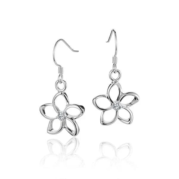 Hawaiian 925 Sterling Silver floating plumeria CZ hook earring, 15mm, with detailed flower design and sparkling cubic.