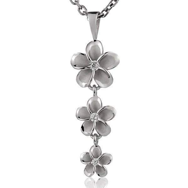 Sterling silver Rhodium Plumeria CZ pendant in 8mm, 10mm, and 12mm sizes with intricate flower design and sparkling cubic zirconia stones.
