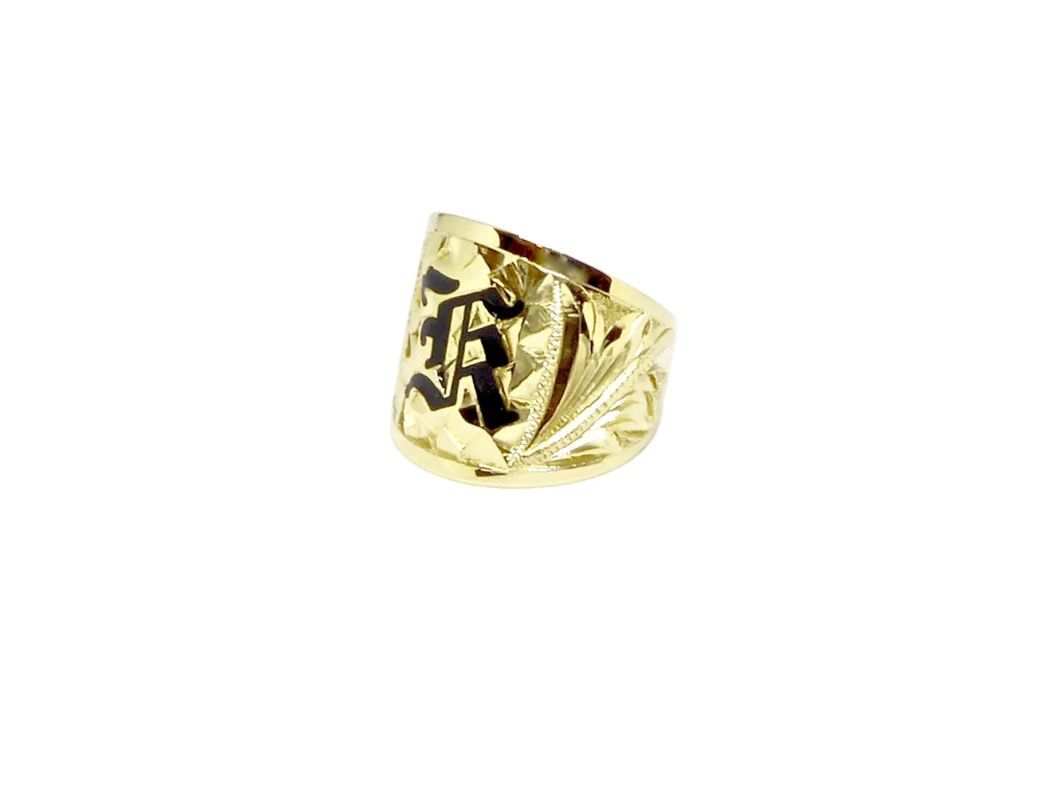 Hawaiian 14K Gold tapered ring with initial engraving, 18mm width.