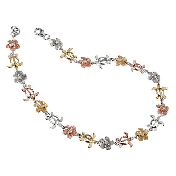 Sterling silver Tricolor Honu Plumeria CZ anklet with 8mm beads, featuring tropical turtle and flower designs.