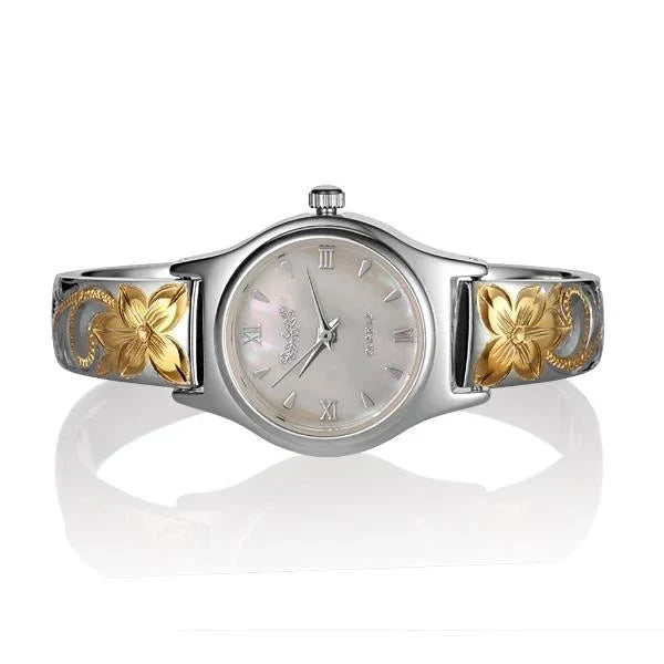 Sterling silver 2-tone Plumeria scroll bangle watch featuring elegant floral design and adjustable bracelet for women.