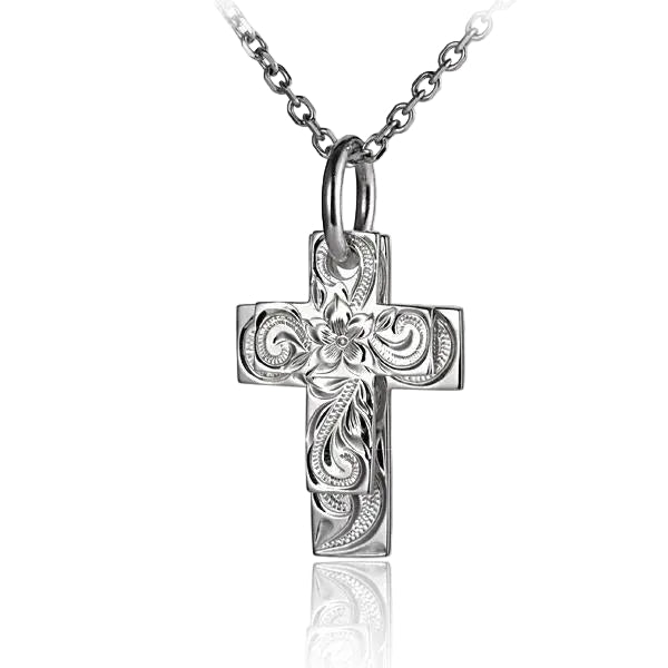 Sterling silver double scroll cross pendant featuring intricate design, crafted by Ashley's Gift Shop.