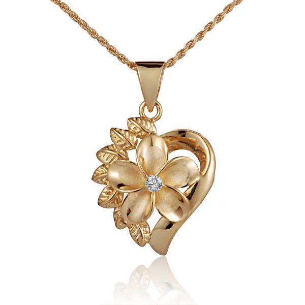 Plumeria Heart Maile CZ YG Plated Pendant - 15mm image 0