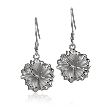 Hibiscus Rhodium Hook Earring 15mm image 0