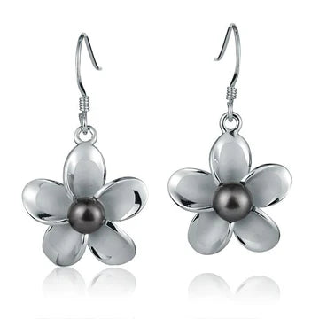 Rhodium Plumeria Black Pearl Hook Earring -20mm image 0