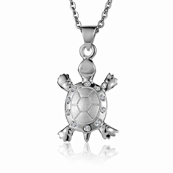 Hawaiian 925 Sterling Silver turtle pendant with 10 cubic zirconia stones, small size, detailed ocean turtle design.