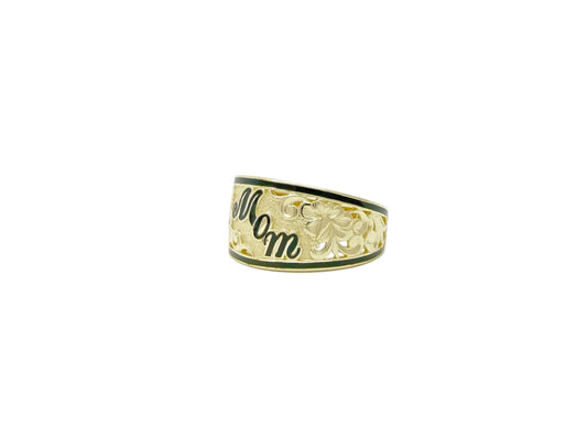 Hawaiian 14K Gold mom ring with 12mm band, featuring a polished finish and engraved message.