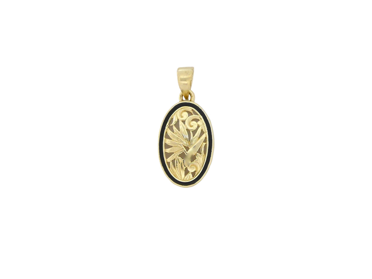 Hawaiian 14K Gold bird of Paradise pendant with detailed floral design, small size.