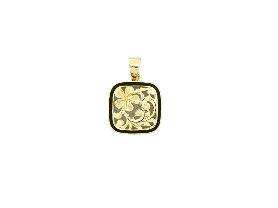 Hawaiian 14K Gold pendant with black border, elegant jewelry piece featuring a stylish design.
