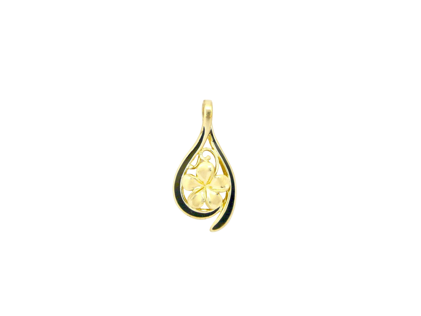 Hawaiian 14K Gold plumeria Dew Drop pendant featuring intricate floral design and shiny gold finish.