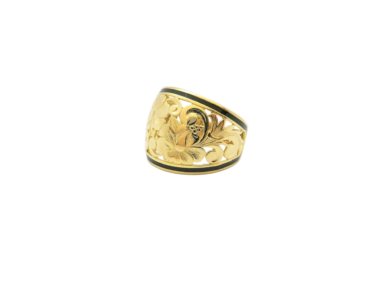 Hawaiian 14K Gold ring with a black finish, featuring a sleek, polished design and 18mm width.