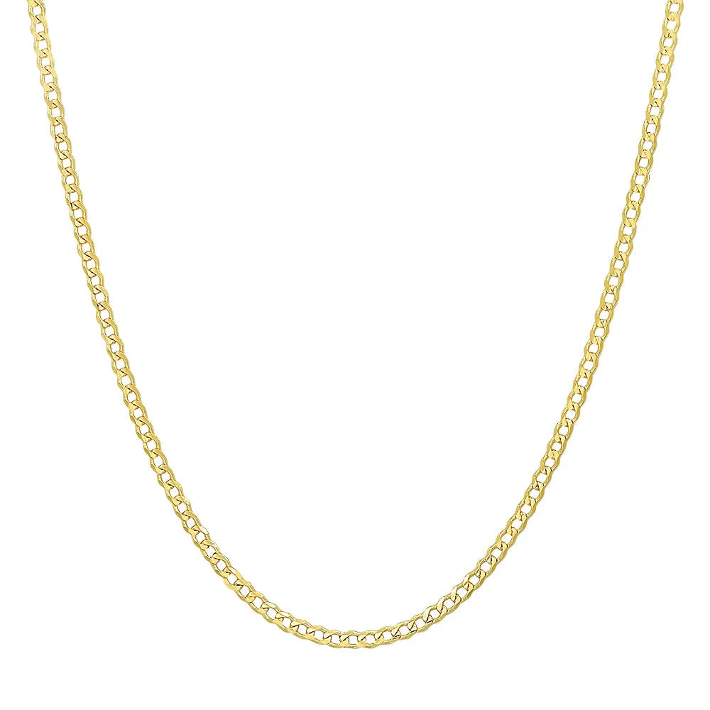 14K yellow gold flat curb chain, 2.5mm width, showcasing shiny, smooth links in a close-up image.