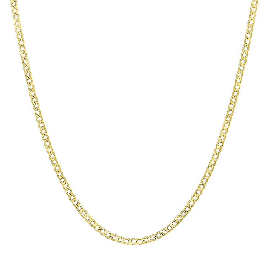 14K yellow gold flat curb chain, 2.5mm width, showcasing shiny, smooth links in a close-up image.