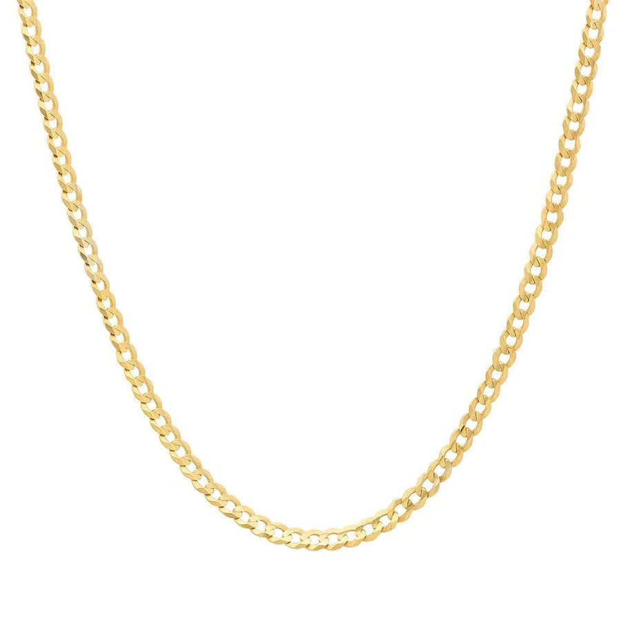 14K yellow gold flat curb chain, 3mm wide, with a smooth, shiny finish, showcasing a durable and stylish jewelry piece.