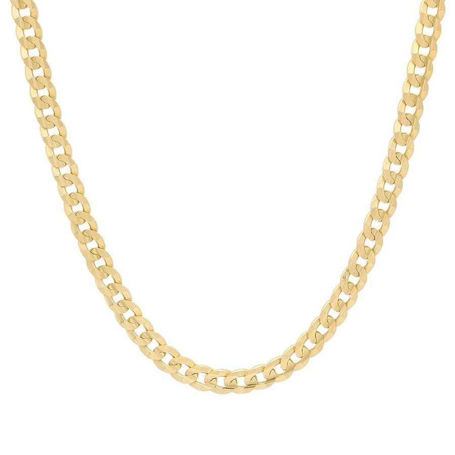 14K yellow gold flat curb chain, 4.5mm width, showing the smooth interlinked design and shiny finish.