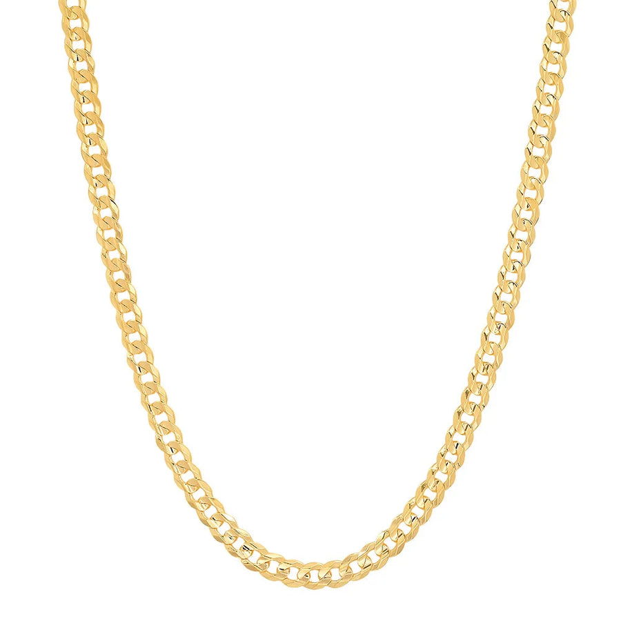 14K yellow gold flat curb chain, 4mm thick, showcasing shiny links, perfect for stylish jewelry wear.