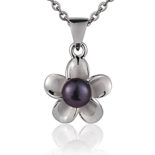 Rhodium Plumeria DB Pearl Pendant - 12mm image 0