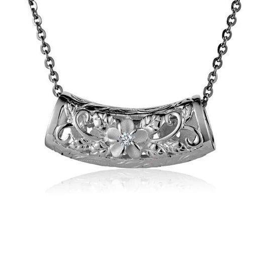Sterling silver Plumeria CZ leave tube slider pendant with floral design, perfect for necklaces and jewelry accessories.