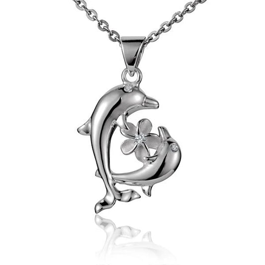 Two sterling silver dolphin open heart pendants, crafted in 925 silver, featuring detailed dolphin designs and open heart shapes.