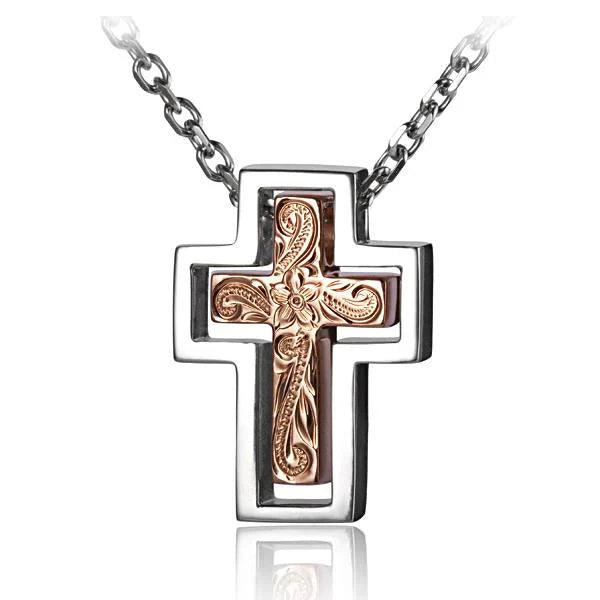 Hawaiian 925 Sterling Silver 2-in-1 scroll cross pendant with intricate design.
